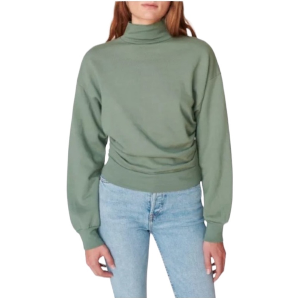 $126 French Terry Sweatshirt Large 10 12 Green Side Ruching Mock Neck Stateside